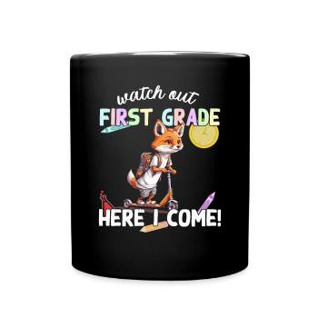 Fuchs Schulkind Einschulung mit Roller zur Schule - Tasse einfarbig - Schwarz - Vorne