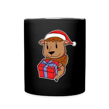 Bison with Santa hat and Christmas gift - Full Colour Mug - black - Front