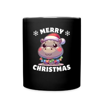 Weihnachtsmütze Weihnachten Lichterkette Hippo - Tasse einfarbig - Schwarz - Vorne