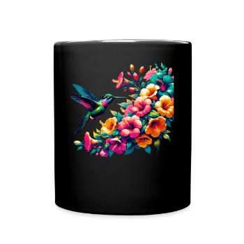 Hummingbird and Hibiscus Blossom Art - Full Colour Mug - black - Front