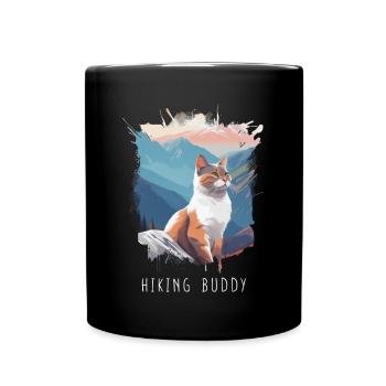 Hiking Buddy - Cute cat on the mountain top - Full Colour Mug - black - Front