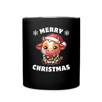 Père Noël chapeau Noël guirlandes lumineuses vache - Mug uni - noir - Devant