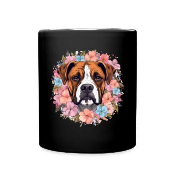 Boxer Dog Breed Pet - Cute Graphic with Flowers - Full Colour Mug - black - Front