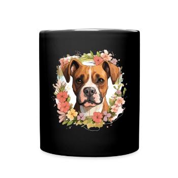 Boxer Dog Breed Pet - Cute Graphic with Flowers - Full Colour Mug - black - Front