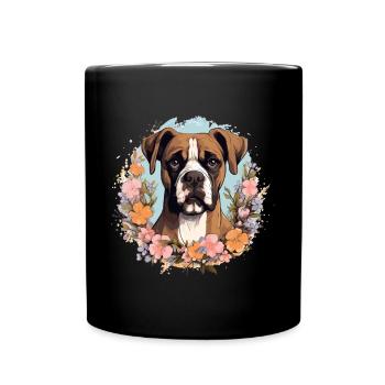 Boxer Dog Breed Pet - Cute Graphic with Flowers - Full Colour Mug - black - Front