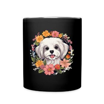 Maltese Dog Breed Pet Cute Graphic with Flowers - Tasse einfarbig - Schwarz - Vorne