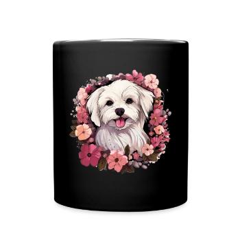 Chien maltais de race animal mignon graphique avec des fleurs - Mug uni - noir - Devant