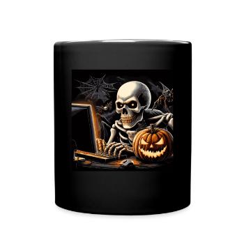 Gamer, Skelett und PC, Computer-Halloween - Tasse einfarbig - Schwarz - Vorne