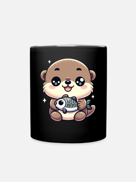 Loutre kawaii avec poisson Adorable Design - Mug uni - noir