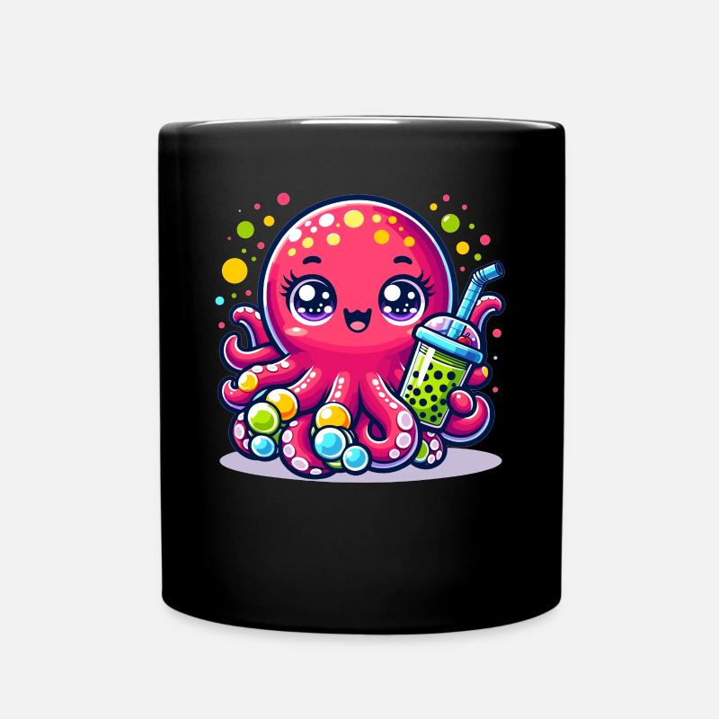 Kawaii Octopus With Bubble Tea Sea Ocean Boba Tea - Full Colour Mug - black