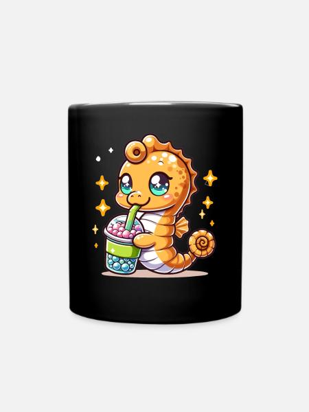 Kawaii Seepferdchen genießt Bubble Tea Meerestier Boba - Tasse einfarbig - Schwarz