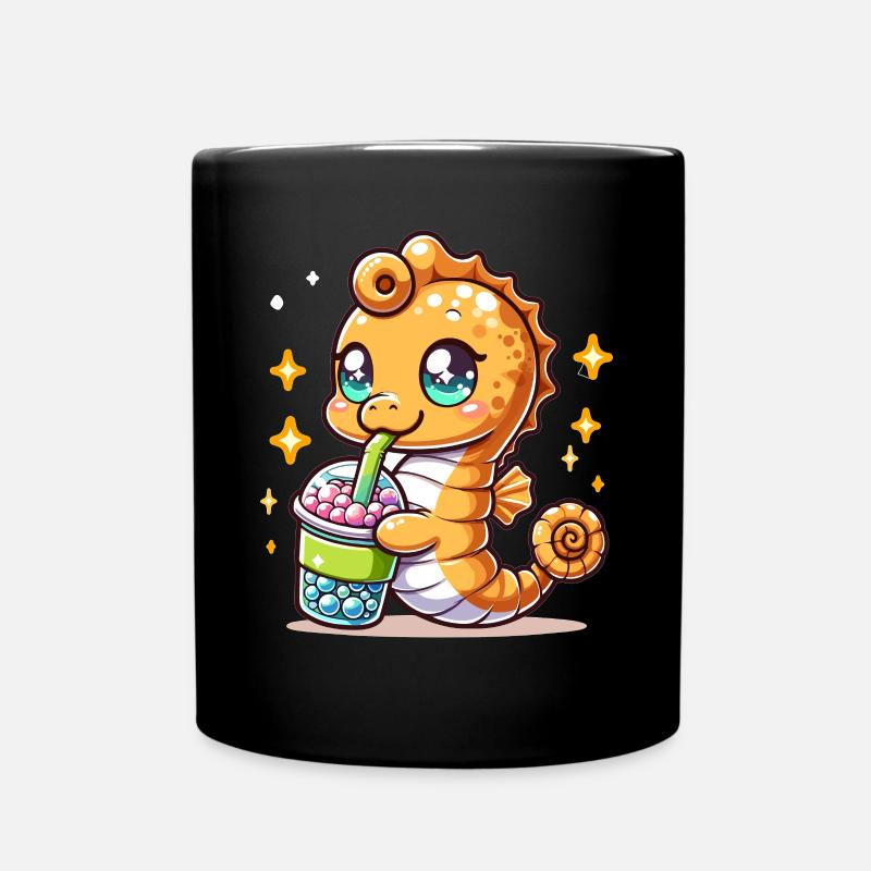 Kawaii Seepferdchen genießt Bubble Tea Meerestier Boba - Tasse einfarbig - Schwarz