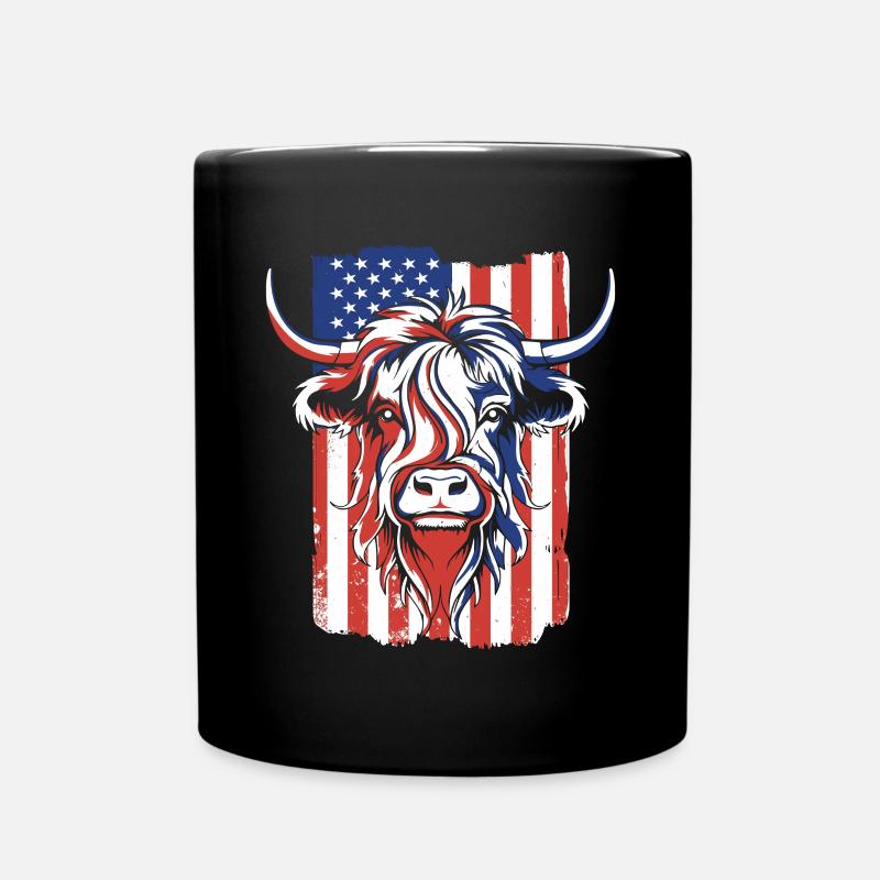 American Flag Highland Cow Scottish Cattle - Full Colour Mug - black