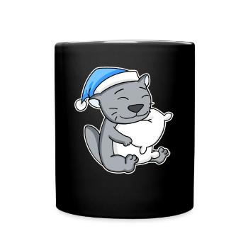 Sleeping Tired - Cat with Pillow and Sleepy Cap - Full Colour Mug - black - Front