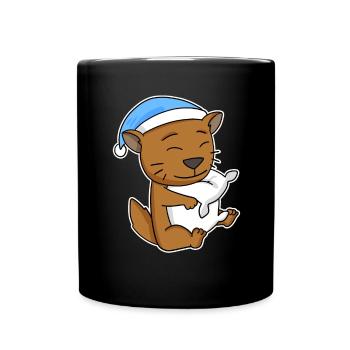 Dormir fatigué - Chat avec oreiller et bonnet somnolent - Mug uni - noir - Devant