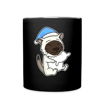 Dormir fatigué - Chat avec oreiller et bonnet somnolent - Mug uni - noir - Devant