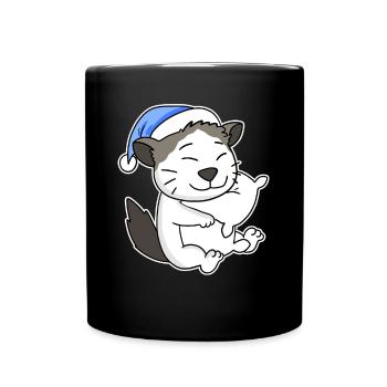 Dormir fatigué - Chat avec oreiller et bonnet somnolent - Mug uni - noir - Devant