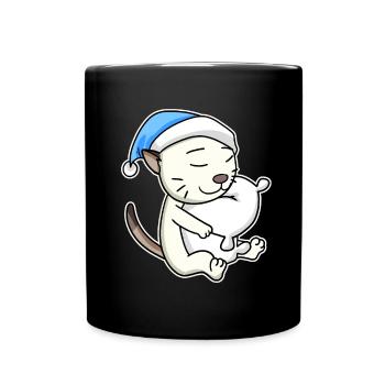 Dormir fatigué - Chat avec oreiller et bonnet somnolent - Mug uni - noir - Devant
