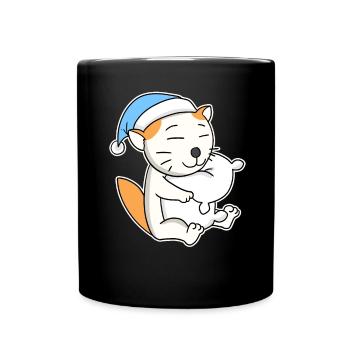 Schlafen Müde - Katze mit Kissen und Schlafmütze - Tasse einfarbig - Schwarz - Vorne