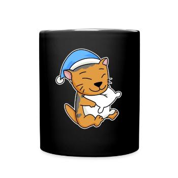 Sleeping Tired - Cat with Pillow and Sleepy Cap - Full Colour Mug - black - Front