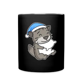 Dormir fatigué - Chat avec oreiller et bonnet somnolent - Mug uni - noir - Devant