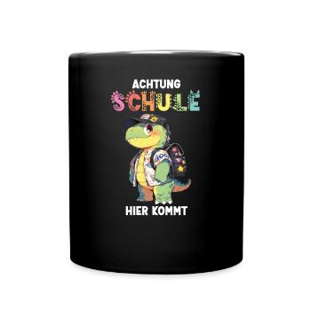 Einschulung Personalisierbar Name Dino Schule - Tasse einfarbig - Schwarz - Vorne