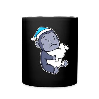 Affe mit Kissen und Schlafmütze - Tasse einfarbig - Schwarz - Vorne