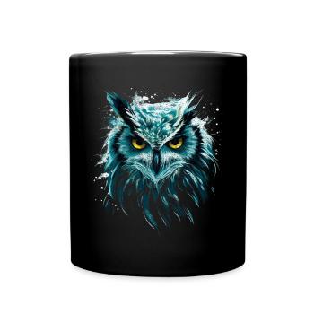 Eule Kunstwerk mit Grunge Effekt Türkis Eulen Fan - Tasse einfarbig - Schwarz - Vorne