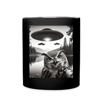 Funny Graphic Owl Selfie With UFOs Weird - Full Colour Mug - black - Front
