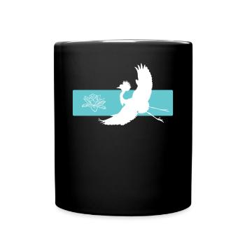 Kranich und Lotusblume auf rotem Balken - Tasse einfarbig - Schwarz - Vorne