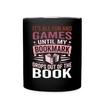Lesezeichen – BÜCHERWURM Spruch Bekleidung - Tasse einfarbig - Schwarz - Vorne