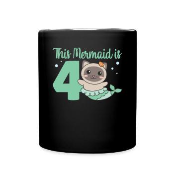 4th Birthday Cat Mermaid Cat - Full Colour Mug - black - Front