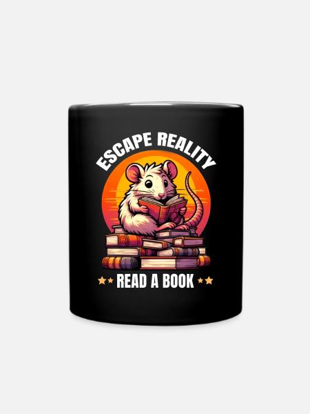 Escape Reality, Read a Book. Süße Ratte liest Buch - Tasse einfarbig - Schwarz