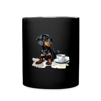 Cute Dachshund Doxie with a Cup of Coffee Wiener - Full Colour Mug - black - Front