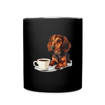 Cute Dachshund Doxie with a Cup of Coffee Wiener - Full Colour Mug - black - Front