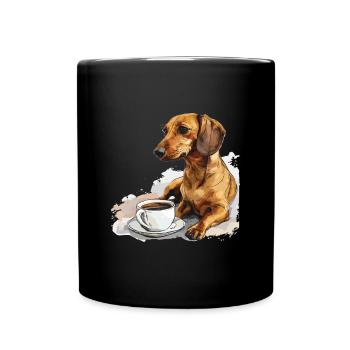 Cute Dachshund Doxie with a Cup of Coffee Wiener - Full Colour Mug - black - Front