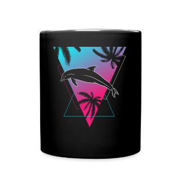 Retro Delphin Sunset Palmen Silhouette - Tasse einfarbig - Schwarz - Vorne