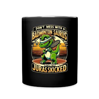 Lustiger Badminton Saurus – Kinder, Jugendliche - Tasse einfarbig - Schwarz - Vorne