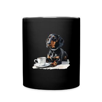 Cute Dachshund Doxie with a Cup of Coffee Wiener - Full Colour Mug - black - Front