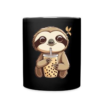 Kawaii Sloth Drinking Bubble Tea Boba Anime Cute - Full Colour Mug - black - Front