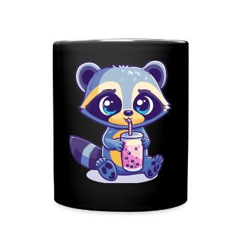 Kawaii Racoon Drinking Bubble Tea Boba Anime - Full Colour Mug - black - Front