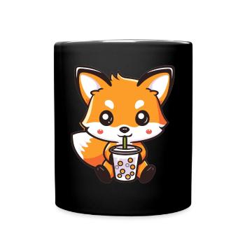 Kawaii Fox Drinking Bubble Tea Boba Anime Cute - Full Colour Mug - black - Front