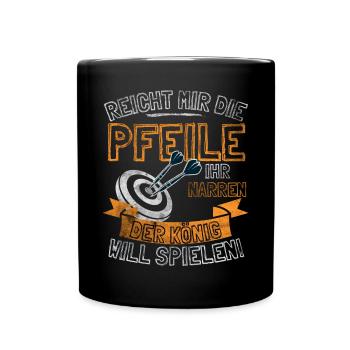 Lustiger Darts Spruch REICHT MIR DIE PFEILE IHR - Tasse einfarbig - Schwarz - Vorne