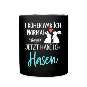 Früher war ich normal jetzt habe ich Hasen Spruch - Tasse einfarbig - Schwarz - Vorne