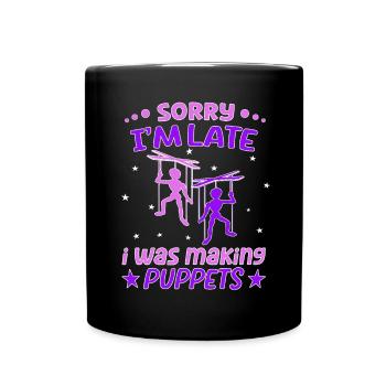 Marionettes and puppeteers on the puppet stage - Full Colour Mug - black - Front