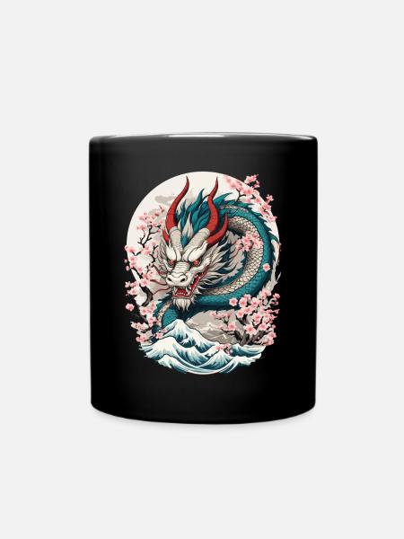 Japanischer Drache Kirschblüten Tattoo Design - Tasse einfarbig - Schwarz