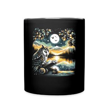 Livre de lecture de hibou – Paysage marin de pleine lune - Mug uni - noir - Devant
