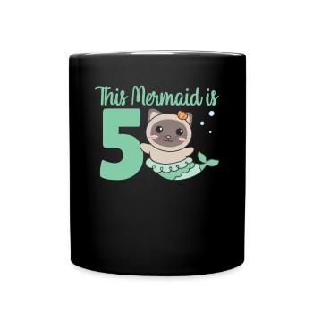 Cat for 5th Birthday Mermaid Cat - Full Colour Mug - black - Front