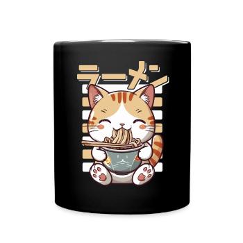 Cat Loves Ramen Bowl Kawaii Anime - Mug uni - noir - Devant