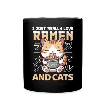 Cat Loves Ramen Bowl Kawaii Anime - Mug uni - noir - Devant